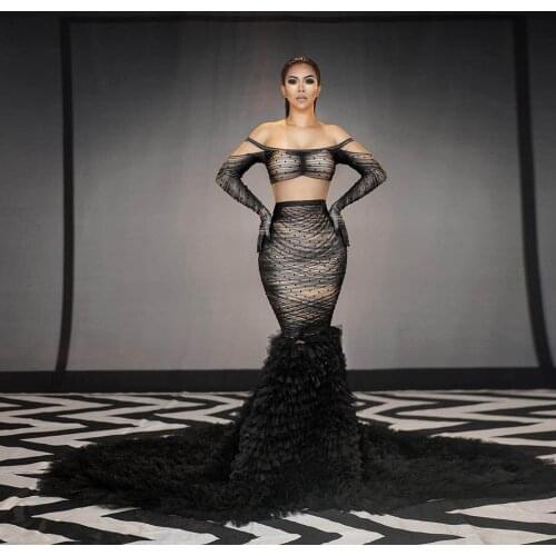 Black Long Mermaid Birthday Celebrate Dresses for Women Rhinestone Elegant Bodycon Stage Showgirl Costumes Evening Prom Outfits