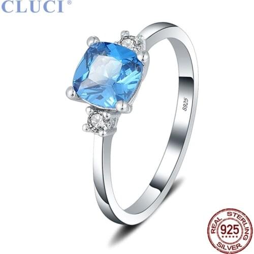 CLUCI Real 925 Sterling Silver White Blue Aquare Cubic Zircon Rings for Women Party Wedding Silver Rings Jewelry Gifts DR1042SB