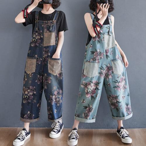 Plus Size Womens Loose Literary Print Denim Overalls Spring Summer Wild Wide Leg Jumpsuit Trousers Floral Jeans Vintage zh961