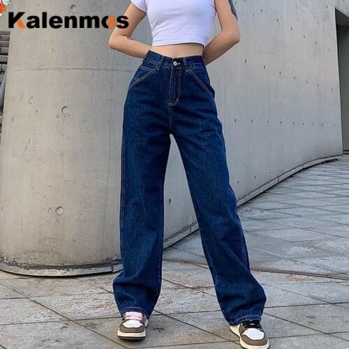 Retro Jeans Woman Blue Causal Loose Baggy High Waist Skinny Pockets Cargo Pants Zipper Button Wide Leg Jeans Mujer Vintage