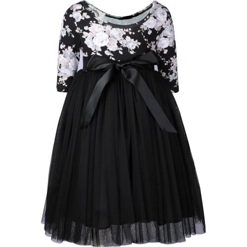 Flofallzique Cotton Vintage Print Tulle Dress Behind Deep V Collar Ribbon Bow Tie Princess Christmas Cute Girl Clothes 1-12Y