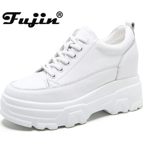 Fujin 8cm Genuine Leather Microfiber Women Casual Shoes Platform Wedge Hidden Heel Za Ins Shoes Platform Chunky Sneakeers