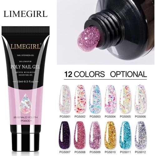 Limegirl 15ml Glitter Poly Nail Gel Extension Gel Polish Set All For Manicure Poly Builder Gel Semi-Permanent Soak Off Nail Art