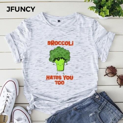 JFUNCY Plus Size 5XL Women Summer T-shirt Cartoon Broccoli Print Tees Short Sleeve Woman Tshirt 100%cotton Female Tops