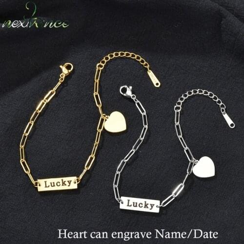 Nextvance Fashion Heart Bracelets Engrave Name Date Stainless Steel Personalized Good Luck Bangles for Girlfriend Women Gift