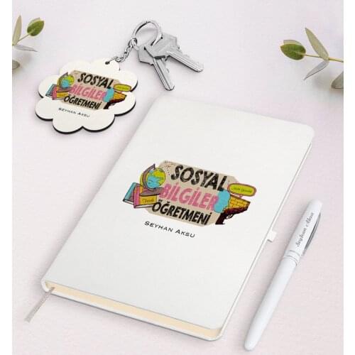 Personalized Social Studies Teacher White Notebook Pen and Keychain Gift Seti-3