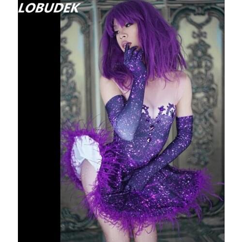 Purple Crystals Feather Mini Dress Sexy Women Ballroom Dance Costume Bar Party Show Stage Wear Team Jazz Performance Short Dress