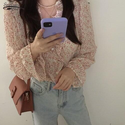 Romantic Korean Vintage V-neck Chiffon Blouse Women Tops Sweet Puff Sleeve Shirt Chic Print Ruffle Flare Sleeves Clothing 10115
