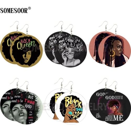 SOMESOOR Mixed 6 Package Black Queen Girl Melanin Magic Art Wooden Both Sides Printing Round Earrings For Women Gifts