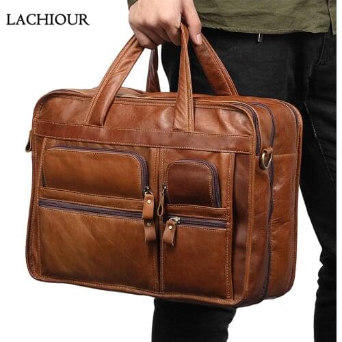 LACHIOUR 14 inch Laptop Handbags Men Genuine Leather Travel Bag Male Large Capcity Cowhide Ducuments Messenger/Shoulder Bag