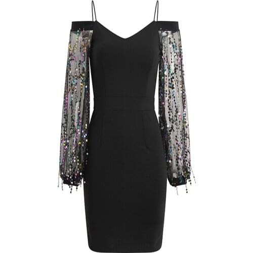 Sling Party Dress Sequins 2020 Summer Women Bodycon V-Neck Dress Long Sleeve Backless Elegant Night Outfits Sexy Club Clothes