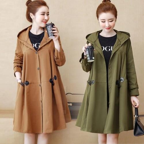 Womens Windbreaker Mid-length Ladies Korean Hooded All-Match Trench Coat Spring Autumn Clothes Female Plus Size Outwear R855