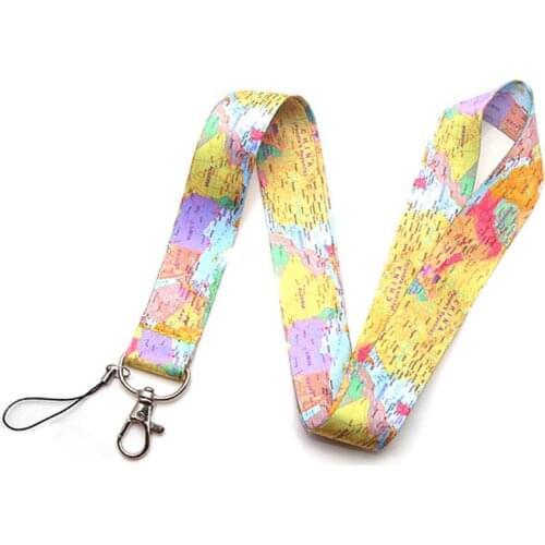 Vintage World Map Lanyards Keychain Mobile Phone Hang Rope USB Gym Pass Badge Holder Webbing Neck Straps Keyring Wanderlust Gift