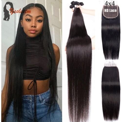Yeslestm 28 30 32 Inch Brazilian Straight Human Hair Weave Bundles With 13x4 Lace Frontal 3 4 Bundles Closure For Black Woman