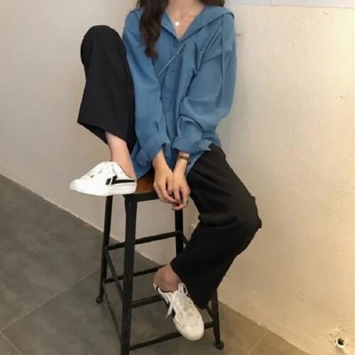 Street Style Hooded Women Tunic Shirt Button Up Blouse Oversize Long Sleeve Ladies Shirts Plus Size 2021 Summer Female Tops