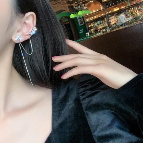 2020 New Crystal Flower Long Tassel Earrings For Women Korean Elegant Clip on Earrings Earbone Clip Hanging Earrings Jewelry