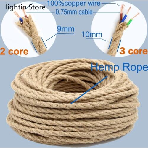 2 Core 3 Core Twisted Cable Hemp Rope Electrical Wire Retro Style Copper Vintage Lamp Cord Woven Textile Wire Pendant Light Cord