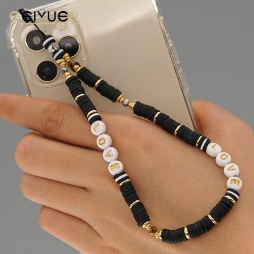 2021 Phone Case Chain Strap Mobile Lanyard Charm Letter Chain Acrylic Black/ White Color Beaded Telephone Jewelry Accessories