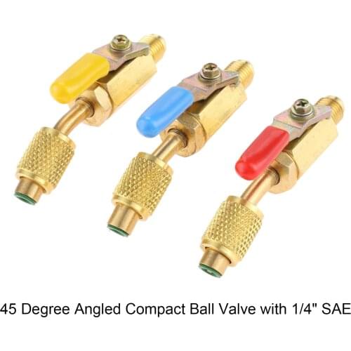 3Pcs Angled and Manual Shut-off Ball Valve 1/4" SAE Swivel Adapter for A/C R134A R410A Refrigerant Charging Hose