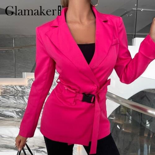 Glamaker Woven rose red autumn blazer jacket with belt Fashion pocket Solid color office ladies casual elegant coat overwear new