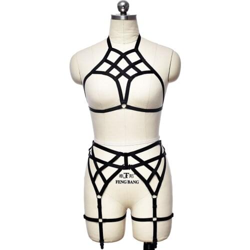 Hollow Cross High Waist Stockings Garter Set Elastic Sexy Lingerie Harajuku Body Harness Suit Women Black Rave Wear Bondage Cage