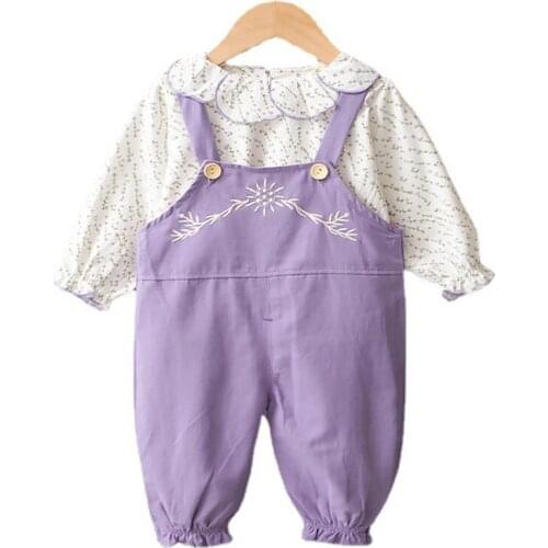 Kids Clothes Girls Set Spring Autumn 2021 New Princess Doll Collar Long Sleeve+Floral Overalls Pants Baby Suits Child Clothing