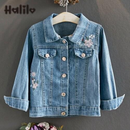 Halilo 2019 Autumn Kids Coats Girls Jackets Blue Denim Flower Embroidery Girl Jeans Outerwear Jackets School Children Clothing