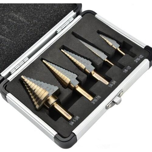 JUSTINLAU 5pc Large Cobalt Step Drill Bit with Case HSS Step Titanium Core Drill Multiple Hole Cutter Drill Bit Set Tool