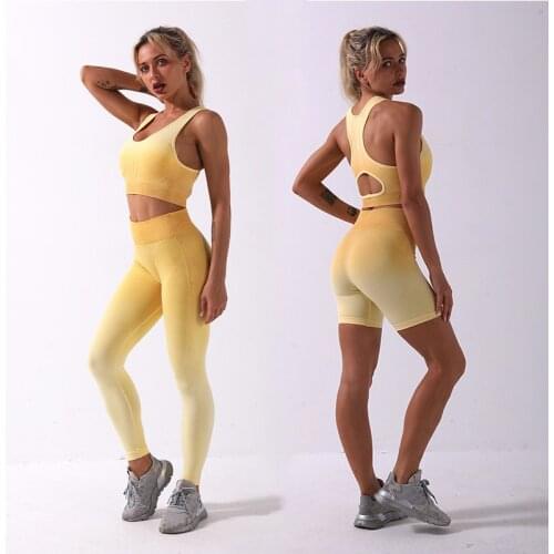 3PCS Ombre Yoga Set Women Running Gym Clothing Seamless Sports Bra+Fitness Short+High Waist Sport Leggings Sport Suit Sportswear