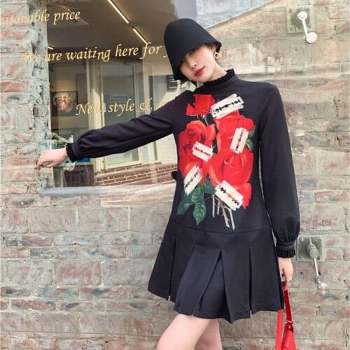 Korean Version 2021 Spring New Gentle Little Back Dress Temperament Stand-up Collar Rose Pullover Pleated Mini Dress Female