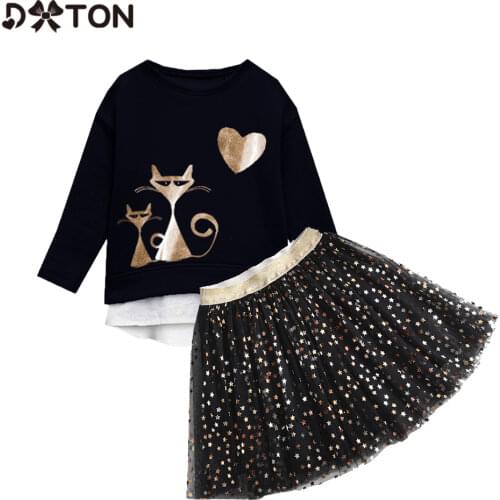 DXTON Children Clothing Sets 2pcs Baby Girl Suit Long Sleeve Girls T-shirts+Tutu Skirts Fox Heart Pattern Cartoon Girl Costumes