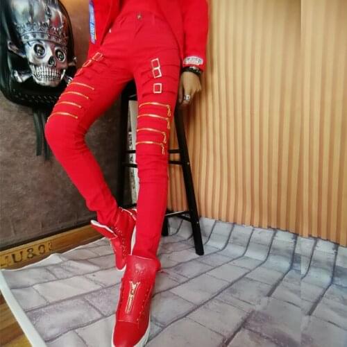 Men Casual Pants Personality Slim Zipper Pants Red Pants Male Hip Hop Streetwear Pants Men Clothes 2020 Ropa De Hombre Trousers