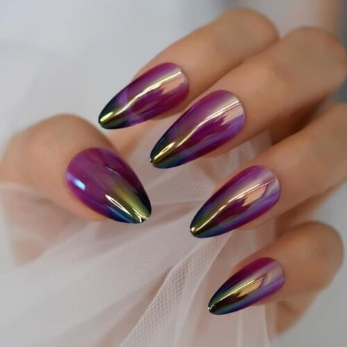 Ombre Mirror Press on French False Nails Glossy Purple Metallic Design Women Fake Nail Stiletto Almond Nail Art Tips 24pcs