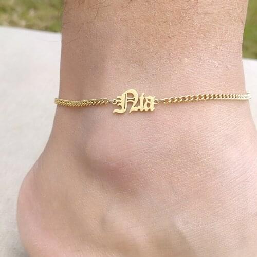 Foot Jewelry Personalized Custom Name Anklets For Women Gold Curb Chain Customized Old English Name Ankle Bracelet Beach Gift