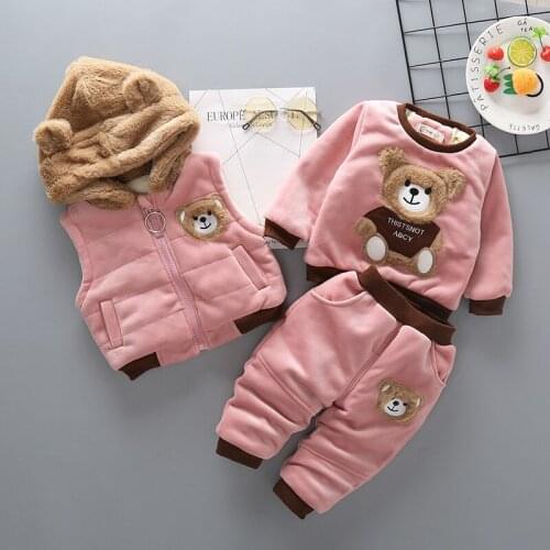 1-4 Years 3pcs Cartoon Bear Sweater Clothes winter plus velvet padded sweater autumn children Korean girl suit
