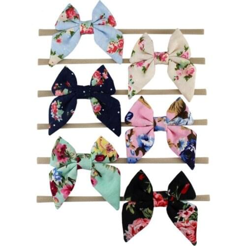 Cotton Bow With Khaki Nylon Headbands For Girls 2020 Print Hair Bows Thin Elastic Nylon Headband Hair Accessories