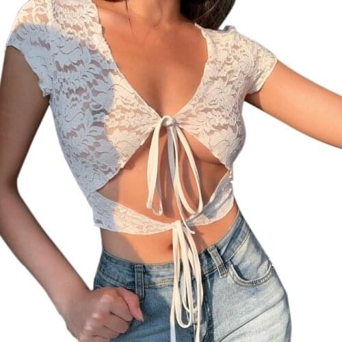 Transparent Mesh Tops Sweet Short Sleeve See Through Crop Tops Summer Streetwear Fashion