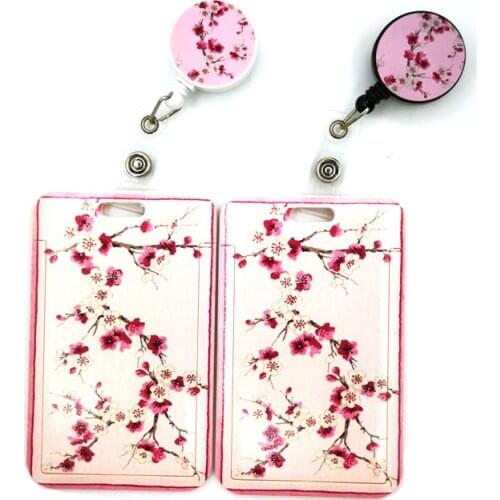 Pink Cherry blossoms Creative Cute Card Cover Clip Lanyard Retractable Student Nurse Badge Reel Clip Cartoon ID Card Badge