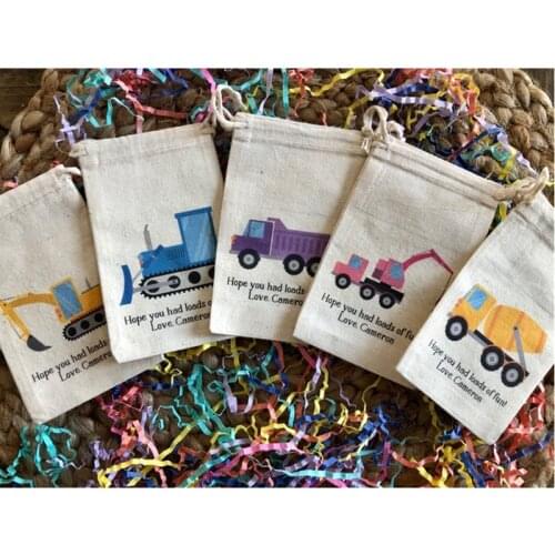 Construction Trucks bag 10pcs personalized cotton birthday party favor bags baptism gift bag welcome drawstring bags treat bag