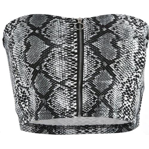 Women’s Snake Skin Pattern Bustier Tops, Strapless Zipper Slimming Short Clothes for Summer