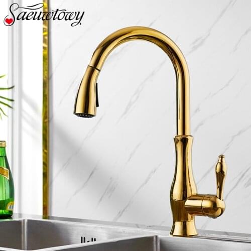 Golden Deck installation Pull Out Kitchen Faucet Spray Kitchen Tap 360° Rotattble Hot Cold Sink Mixer Boost Mode Rose Golden
