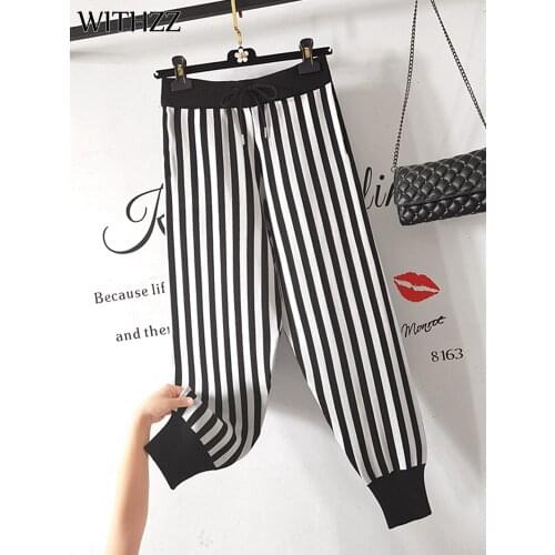 WITHZZ Women Autumn Winter Comfortable High Waist Trousers Vertical Stripes Retro Loose Female Sports Casual Harem Pants