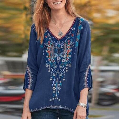 Women Boho Casual V Neck Long Sleeve Floral Embroidery Blouse Top Loose Shirt