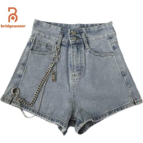 Bridgewater Summer Metal Chain Denim Shorts Women High Waist Wide Leg Jeans Plus Size Pants Korean Fashion Hip Hop Streetwear