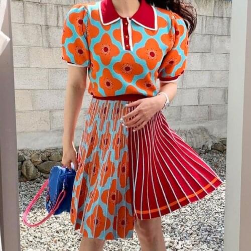 Printed Button Puff Short Sleeve Womens Knitting Pullover Sweater Patchwork Pleated Skirt Suits 2021 Korean Chic Two-Piece Set
