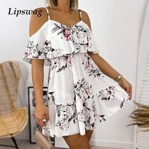 Lady Sexy Off Shoulder Sling Mini Dress Elegant V Neck Women Party Dress Casual Retro Floral Print Backless Ruffle Dress Vestido