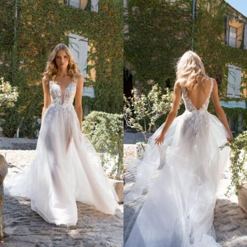 Beach Style Wedding Dresses for Women Lace A Line Deep V Neck Boho Bridal Gowns Backless Bohemian Vestidos De Novia