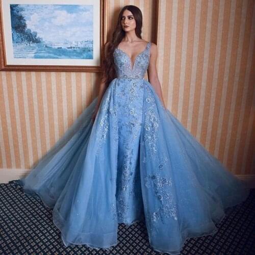 Vestidos De Fiesta Sky Blue Overskirts Prom Dresses Lace Appliques Sweetheart Mermaid Red Carpet Dress Evening Party Wear