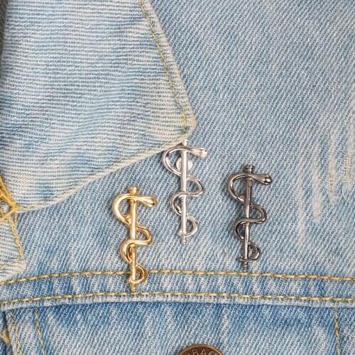 Gold Sliver WHO Logo Snake Stick Brooch Pins Mini Coffee Spoon Lapel Pin Denim Jackets Shirt Badge for Medical Wellness Jewelry