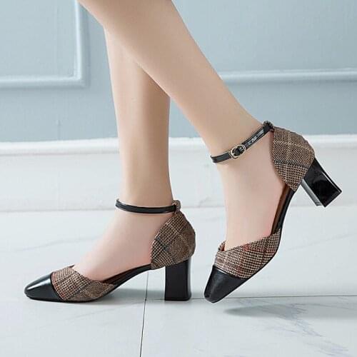 2020 Summer Women Sandals Ankle Strap Dress Shoes Plaid Pumps Cover Toe Sandalias Ladies Shoes High Heels zapatos mujer 8395L